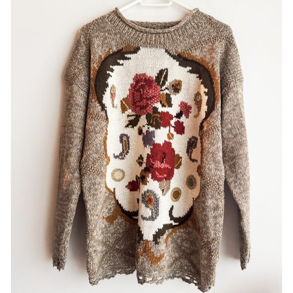 Vintage Bianca Ramie Cotton Floral Grandma Core Pullover Sweater M